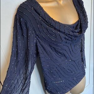 NWT Chic Navy Women's Blouse with Draped Neckline